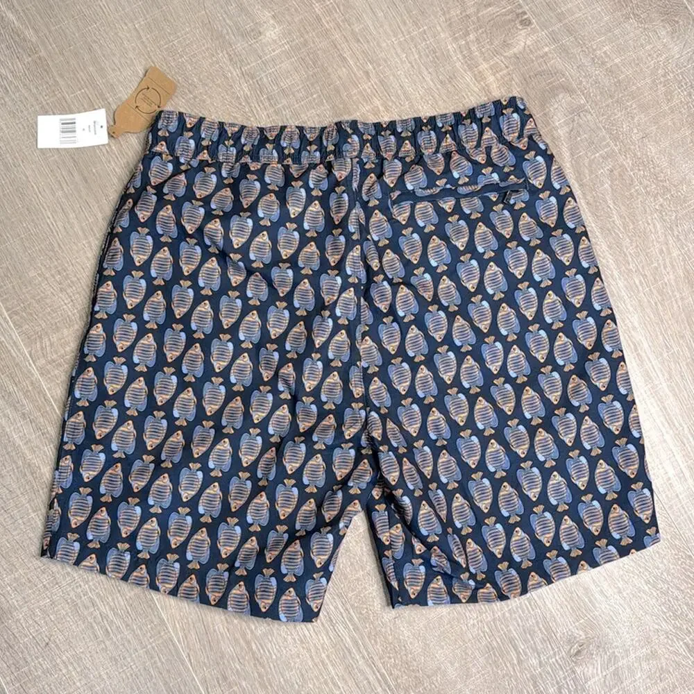 SAKS FIFTH AVENUE Men's Navy Blue Orange Fish Patterned Swim Shorts Trunks